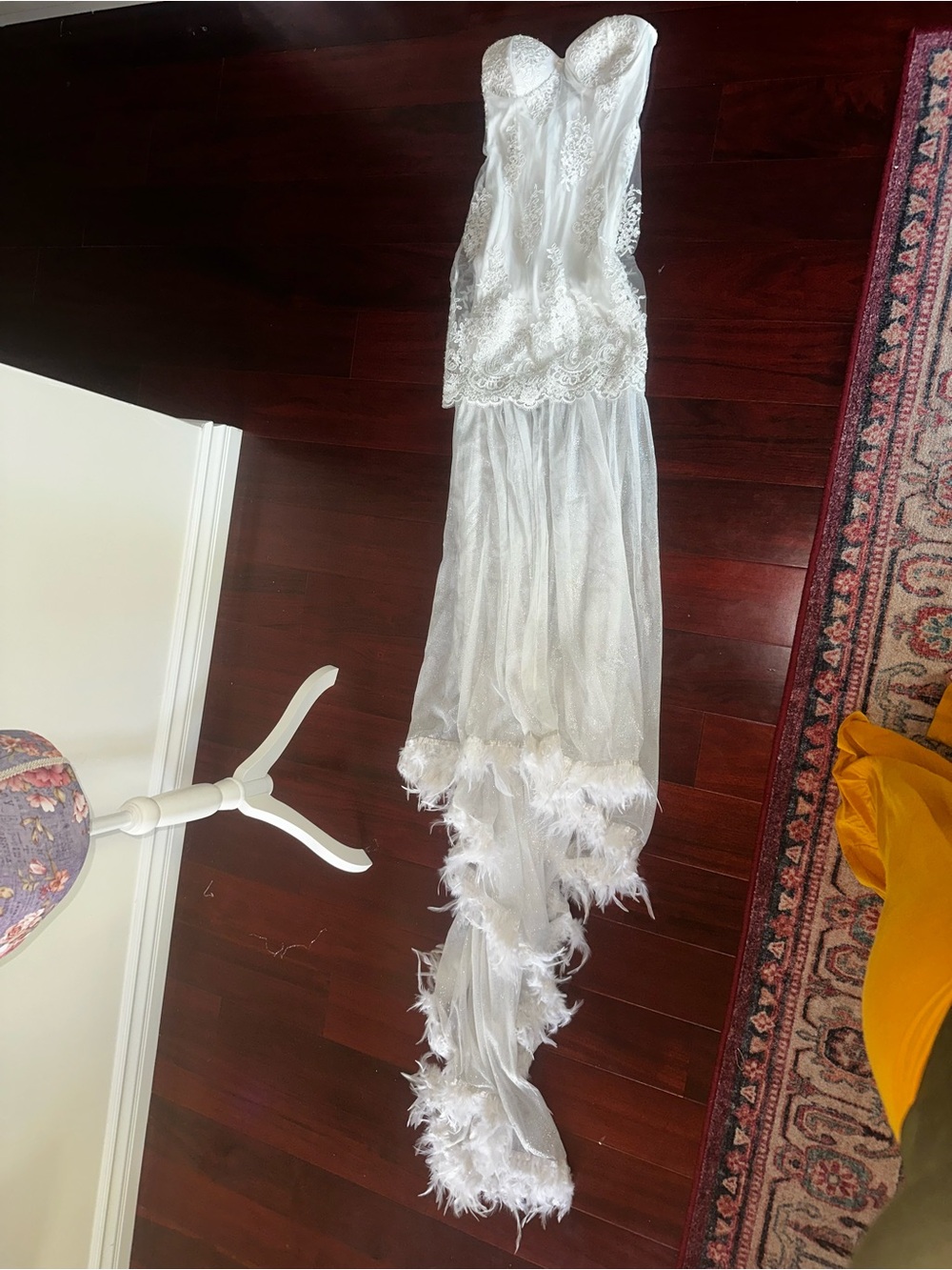 Elegant White Lace Feather Trim Bridal Gown